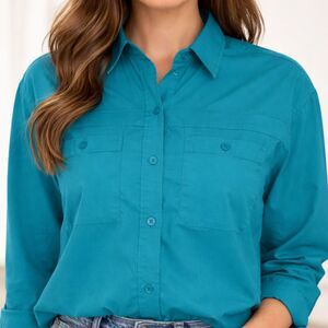 Diane Von Furstenberg Blouse Top Womens Size 20 Button Up Roll Tab Teal
